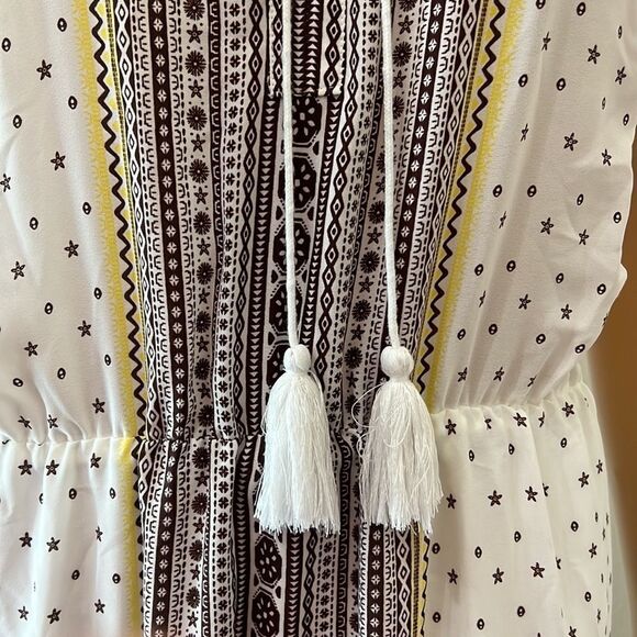 C Dress Size Small Tassel Tie V Neck Sleeveless Maxi White Brown Yellow Lined - Picture 5 of 12